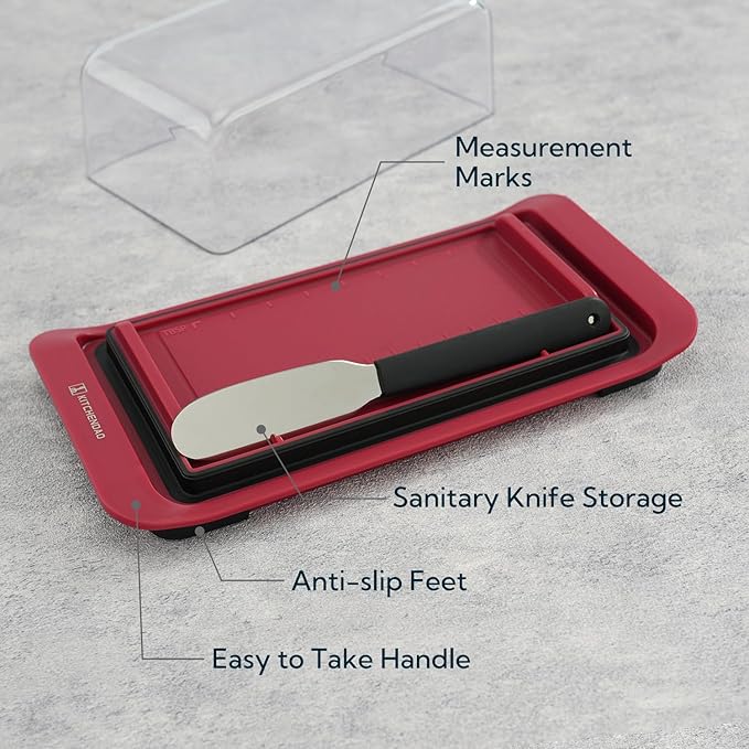 KITCHENDAO Airtight Butter Dish with Lid and Knife, Plastic Butter Holder for Countertop and Refrigerator, Keep Butter Fresh-Easy Scoop-Dishwasher Safe, Butter Tray for West/ East Coast Butter, Red