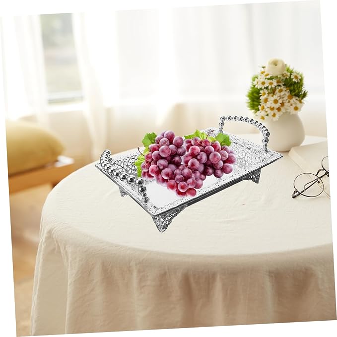 Portable Snack Platter Dried Fruit Bowl Handle Silver Metal Tray Serving Plate