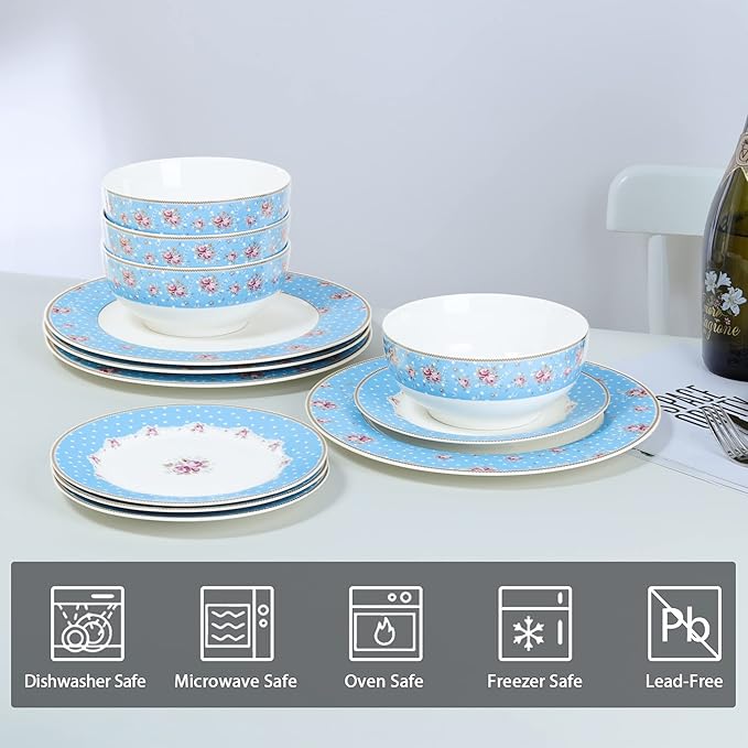 fanquare 12 Piece Blue Floral Dinnerware Set, Vintage Polka Dot Plates Bowls Set, Ceramic Tableware for Home Party, Microwave & Dishwasher Safe