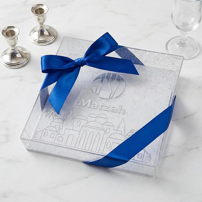 Rite Lite Square Clear Matzah Tray Jerusalem Design with Glitter - Passover Gifts, Passover Matzah Tray, Clear Matzah Tray, Transparent Matzah Tray, Jerusalem Matzah Tray for Passover