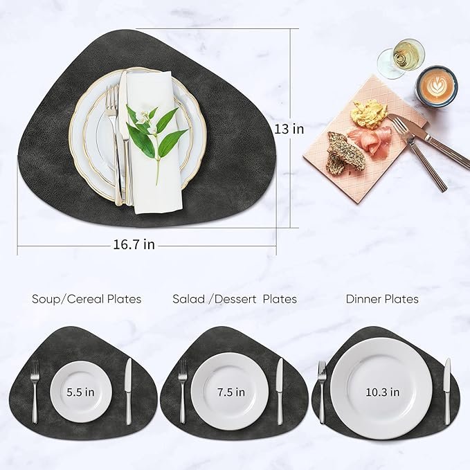 ADRIMER Placemats, Heat Resistant Round Placemats Set of 6 Washable 13 x 17 Inch, Waterproof Table Mats Wipeable for Kitchen, Dining Room Table Christmas Decor, Dark Grey