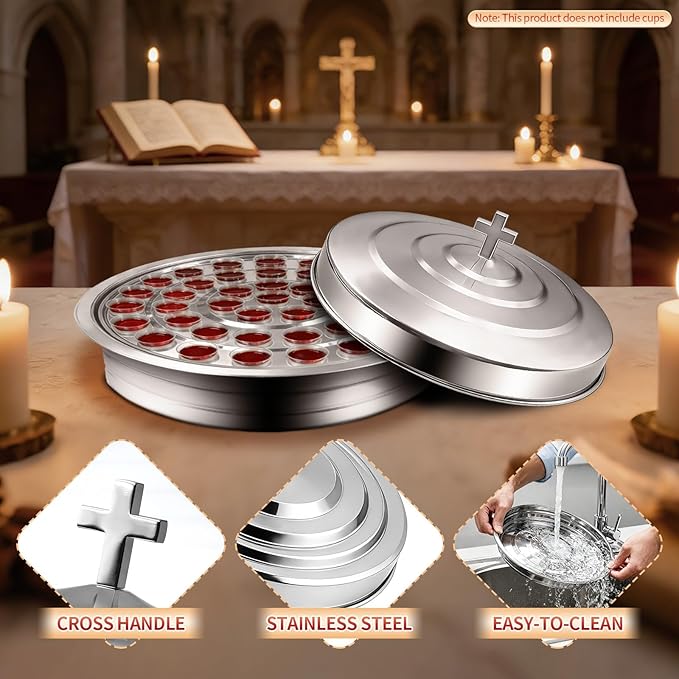 Stainless Steel Communion Tray with Lid - 40 Holes Church Communion Supplies Set, Stackable Worship Tray for Church Services, Weddings & Gatherings (Silver, Cups Not Included)