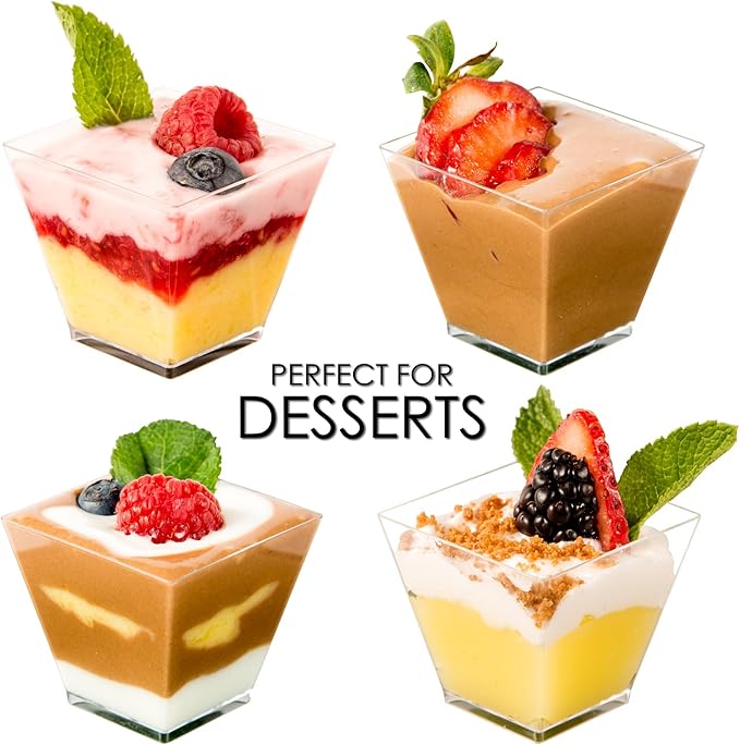 DLux 100 x 2oz Square Mini Dessert Cups (No spoons), Clear Plastic Parfait Appetizer Cup - Small Reusable Serving Bowl for Tasting Party Desserts Appetizers - With Recipe Ebook