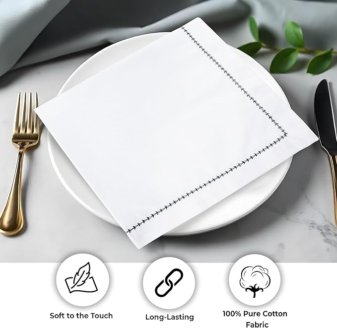 Urban Villa Cloth Napkin Set of 12 Hemstitch White Black 20x20 Inches Premium Soft Cotton Highly Absorbent Reusable & Washable Dinner Table Napkins for Home and Weddings