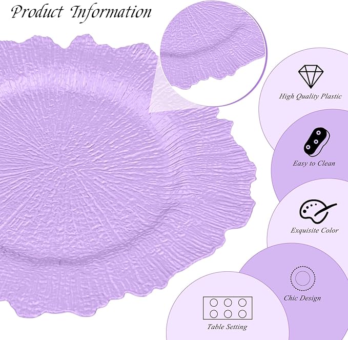 50 Pack Lavender Charger Plates Bulk, 13" Plastic Reef Chargers for Dinner Plates, Round Charger Plate with Floral Reef Design for Dinner Wedding Party Table Setting Decoration