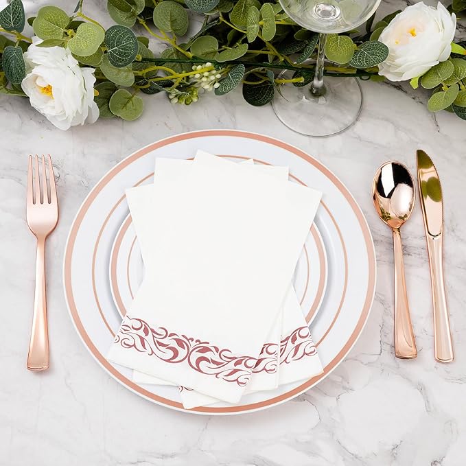 BESTVIP 200 Pack Disposable Paper Napkins,3-Ply Dinner Napkins with Rose Gold Trim for Guests,Bathroom Paper Hand Towels Soft and Absorbent,Perfect for Christmas,Kitchen,Dinner,Party,Wedding or Event