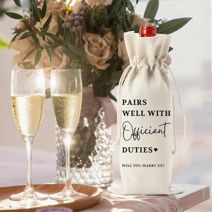 Wedding Officiant Gift, Engagement Wine Bag, Bridal Shower Gift, Thank You Gifts for Officiant, Burlap Bottle Bags With Drawstring for Wedding Reception Event Party Dinner Bachelorette Party