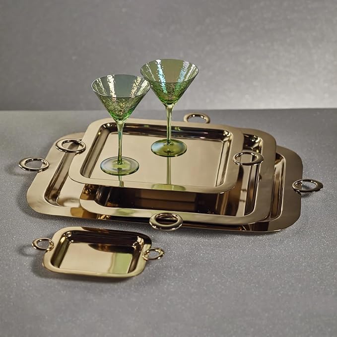 Zodax Stainless Steel and Brass Bar or Serving Trays in Polished Gold and Silver | Bacardi Polished Gold - Large