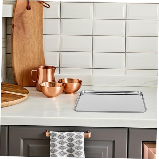 Stainless Steel Rectangular Serving Tray Silver Platter Flat-Bottom Fruit Tray Multipurpose Kitchenware for Home Cafes Hotels Easy Clean