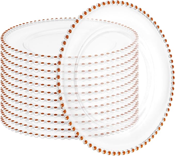 12 Pack Clear Charger Plates with Beaded Rim, 13 Inch Plastic Chargers for Dinner Plates Acrylic Round Tabletop Decoration for Home Kitchen Catering Wedding Table Event Party Dinner (Orange)