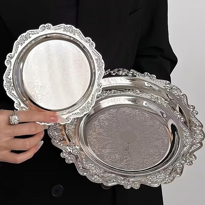 Metal Food Serving Trays Small Instrument Jewelry Tray Silver Fruit and Dessert Plates for Wedding, Hotel, Christmas Candy Display