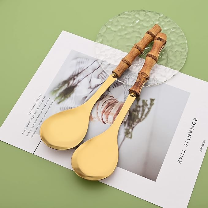Buffet Serving Spoons Set of 4-10 inch Large Size Stainless Steel Salad Spoons - Natural Bamboo Handle Design - Serving Utensils for Home, Kitchen, Restaurant, Party (Gold)