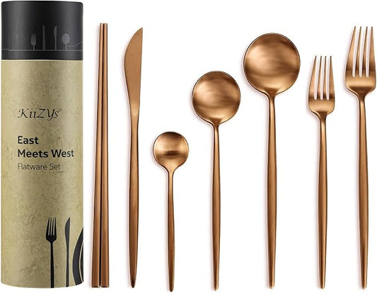 Matte Copper Silverware Set Reusable Chopsticks - KiiZYs 14-piece Stainless Steel Utensils Set Kitchen Accessories - Modern Flatware Spoon Fork Knife - Cutlery Set Gift Box (Matte Copper, 2 Sets)