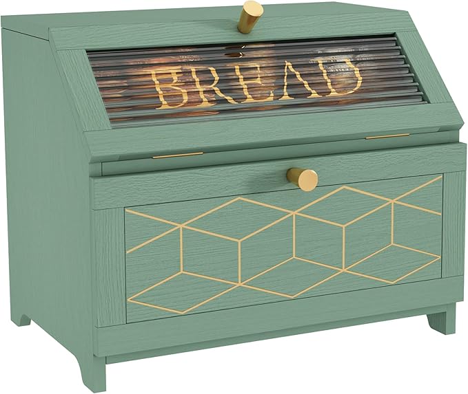 Double Layer Bread Box With Golden Trim for Countertop, Wooden Bread Container for Kitchen Counter, Corner Bread Storage (Green)
