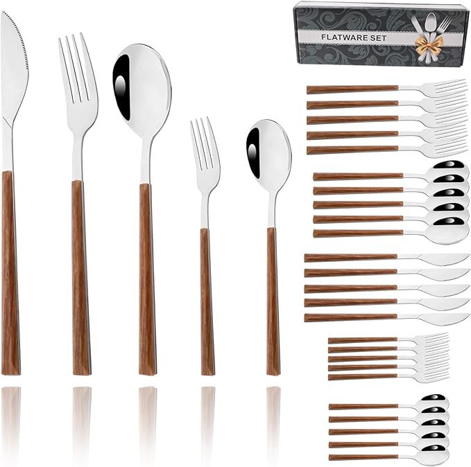 30pcs Wood Handle Flatware Set, Stainless Steel Cutlery Set Include Knife/Fork/Spoons, Mirror Polish, Service for 6 (Brown Silver)