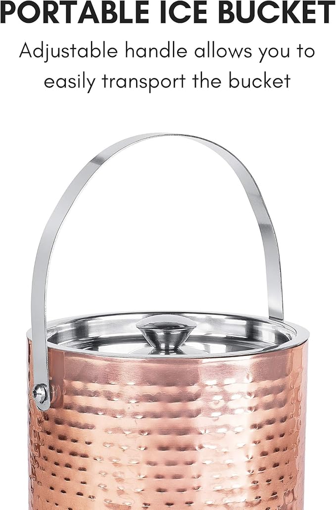BIRDROCK HOME Ice Bucket with Scoop & Lid - 2.8 Liter Hammered 18/8 Stainless Steel Double Wall Insulated Container with Carrying Handle - Ideal for Parties, Cocktails, and Beverages - Copper