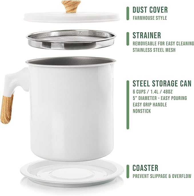MyMoon Home Bacon Grease Container (48oz / 1.4L) Iron Cooking Oil Storage Can with Strainer - Non-Stick, 5 Inch Diameter for Easy Pouring - Oil Strainer Pot