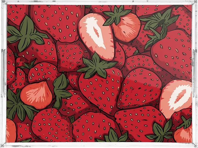 Serving Tray with Handles Clear Acrylic Tray 12x16 Inch Decorative Rectangular Tray Organizer for Ottoman Coffee Table Bathroom Cartoon Red Strawberry