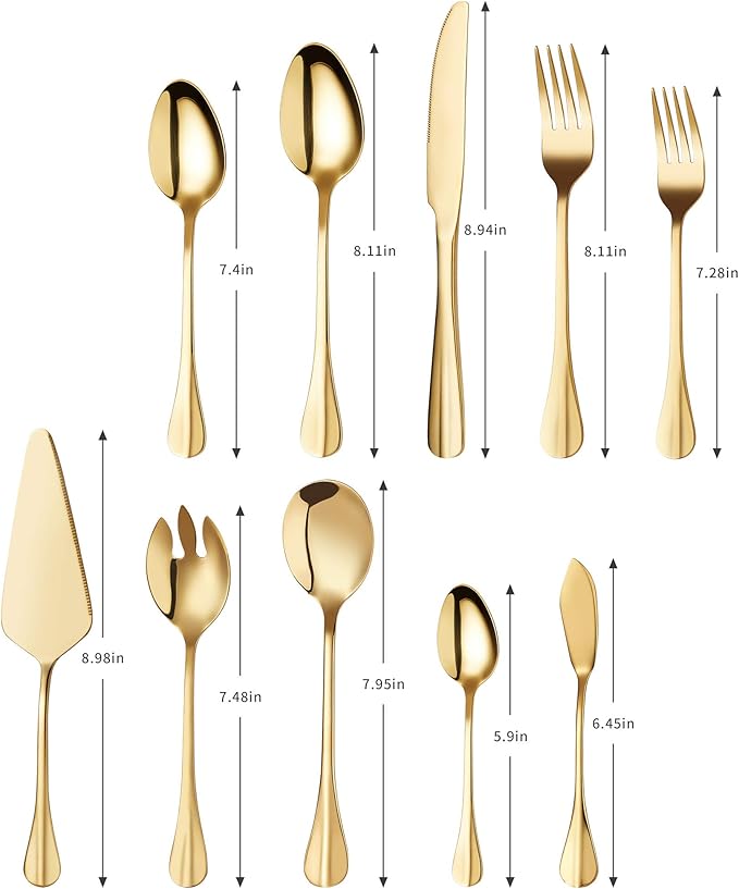 Gold Silverware Flatware Set, HF HOFTEN 45-Piece Stainless Steel Durable Cutlery Serving Set, Service for 8, Modern Elegant Design for Home/Hotel/Restaurant, Mirror Polished & Dishwasher Safe