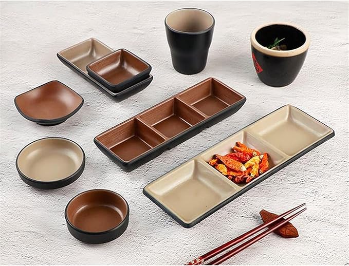 Sauce Dish 8.43 Inch Rectangle Plastic Appetizer Plates Dipping Soy Sauce Dishes Vinegar Olive Oil Ketchup Snack and Dessrt Seasoning Dishes(3 Compartment) Dipping Bowls (B)