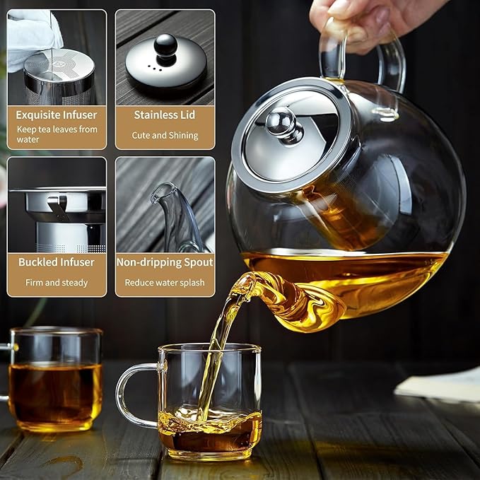 42OZ (1250ML) Glass Teapot with Infuser Stovetop Safe, Clear Glass Tea Pot Kettle, Borosilicate Tea Pot with Infusers Filter for Loose Tea, Tea Kettle Dishwasher Safe