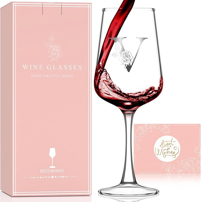 Personalized Wine Glass Gifts for Women - Monogrammed A-Z Wine Glasses Gift | Custom Christmas Gift, Valentines Day, Birthday Gifts for Women Her Mom Wife Best Friend Sister (V)