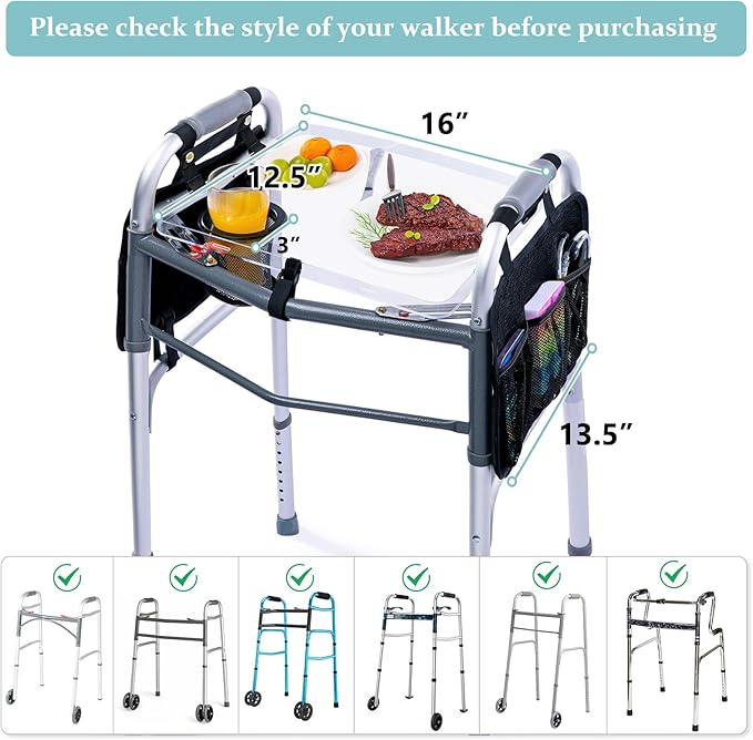 BAGSFY Clear View Walker Tray with Cup Holder & Side Pockets, Transparent Folding Walker Table for Seniors, 8.8lbs Load-Bearing Sturdy PP Tray, Universal Fit Walker Accessory for Elderly