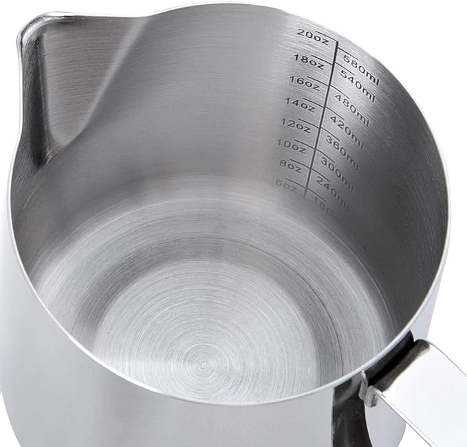 Milk Frothing Pitcher Cup, 20oz/600ML Milk Frother Cup Stainless Steel Steaming Pitcher Milk Jug Coffee Latte Art Cappuccino Espresso Machine Accessories Barista Steam Pitchers Attached Dessert Spoons