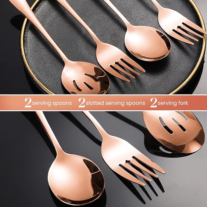 Silverware Sets, Includes 2 Serving Spoon,2 Slotted Serving Spoon, 2 Serving Fork, Stainless Steel Serving Spoons for Parties,Buffet Serving Utensils Set (Rose Gold)