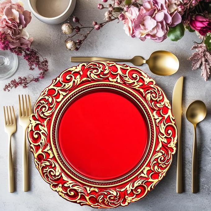 Red Charger Plates with Gold Embossed Rim, Plate Chargers for Dinner Plates. Set of 6, 13 Inch Plastic Charger for Dinner and Party Table Settings, Christmas, Thanksgiving,
