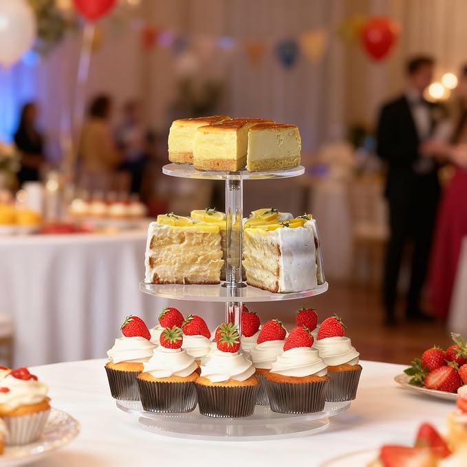 3-Tier Rotating Cupcake Stand, Clear Acrylic 360° Spinning Dessert Display Tower for Cakes & Pastries, Serving Stand for Weddings, Birthdays, Parties