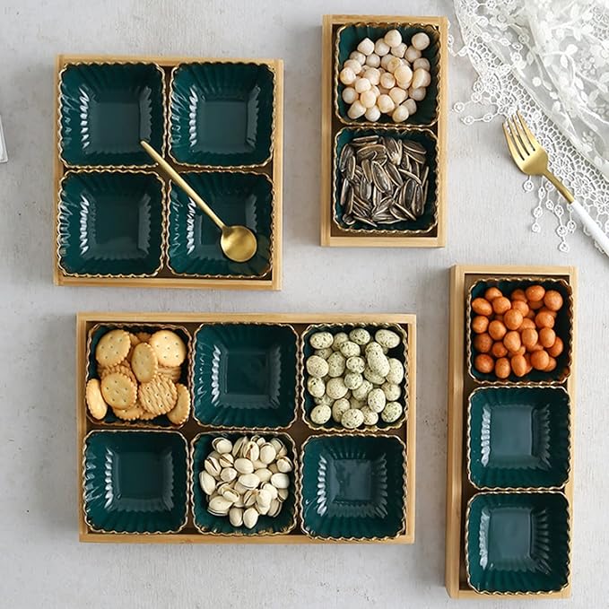 Dipping Sauce Dish Dipping Bowl Appetizer Plates Multi Grid Sauce Dish Green Gold Rim Snack Storage Tray Ceramic Dish Wooden Dessert Tray Candy Fruit Platter Tea Plate Home Dipping Sauce Bowls/Dishes