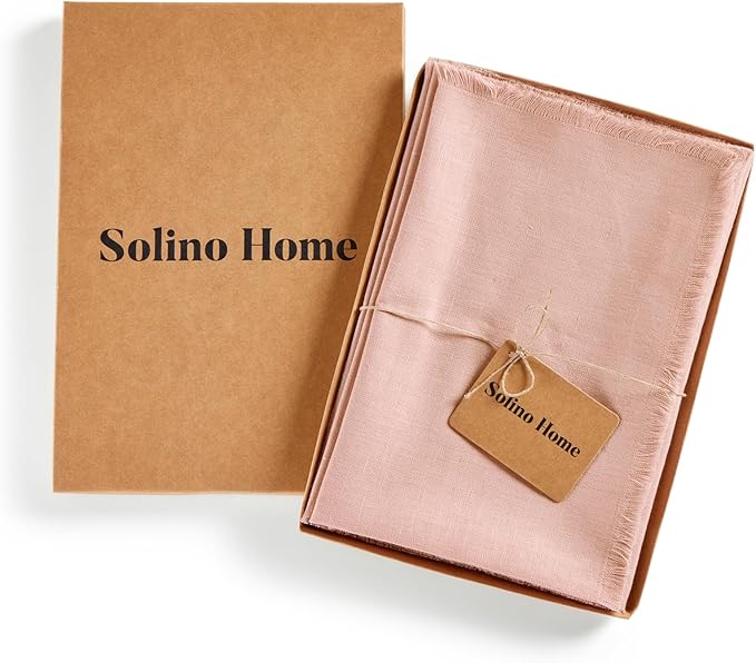 Solino Home Fringe Linen Cloth Napkins Set of 4-100% Pure Linen Misty Pink Dinner Napkins 20 x 20 Inch for Christmas - Handcrafted and Machine Washable