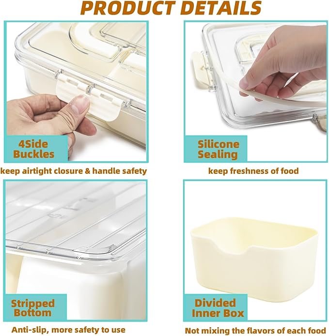 2 Pack Snackle Box Container, Divided Serving Tray with Lid & Handle, Portable Snack Box Food Organizer for Nuts,Candy,Fruits, Snack Platter with 8 Compartments&6 forks for Party, Picnic, Travel