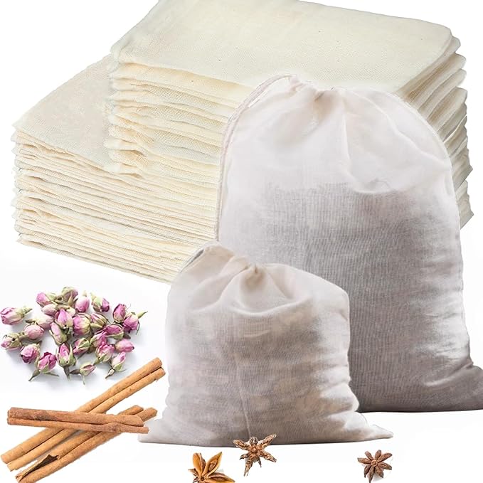 30 Pcs Natural Cotton Spice Bags for Cooking:4x6,6x8Reusable Tea Filters with Drawstring, Ideal for Straining Soups, Herb Sachets & Cold Brew (Food-Grade Cotton). (4x6"15pcs，6x8"15pcs)