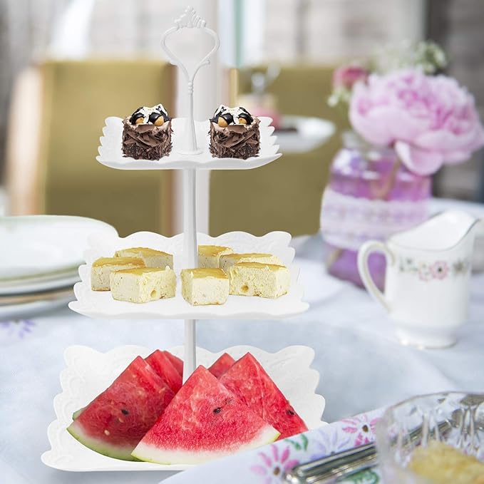Coitak 3 Tier Cupcake Stand, Plastic Tiered Serving Stand, Square Dessert Tray for Tea Party, Birthday and Wedding (Pure White)
