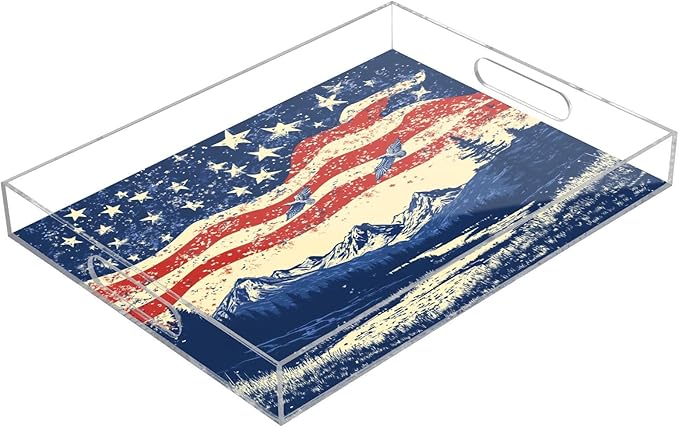 Serving Tray with Handles Clear Acrylic Tray 12x16 Inch Decorative Rectangular Tray Organizer for Ottoman Coffee Table Bathroom July 4th Flags Mountains Blue