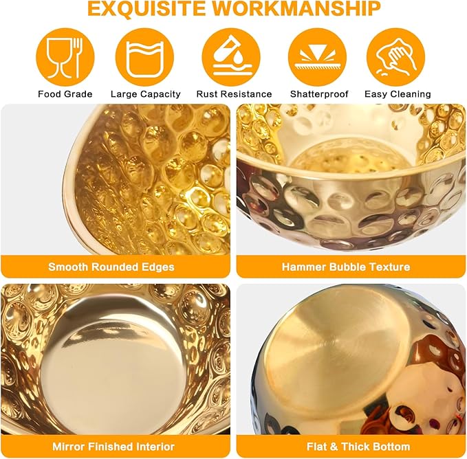 5-Piece Stainless Steel Mixing Bowls Set, Metal Hammered Gold Mixing Bowls for Kitchen, Cooking, Baking, Salad Prep, Food Storage, Reusable Nesting Design, 1.6-4.9 QT Capacity, Dishwasher Safe