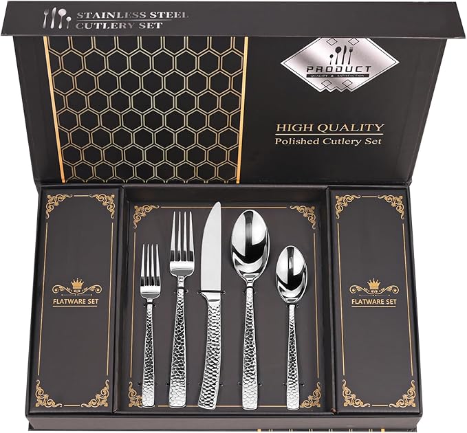 Hammered Silverware Set With Gift Box For 8 Cutlery Set Utensils Stainless Steel Flatware 40 Pieces MIKIWAY Luxury Kitchen Tableware Set For Gifts Festive, Dishwasher Safe, Mirror Polishing