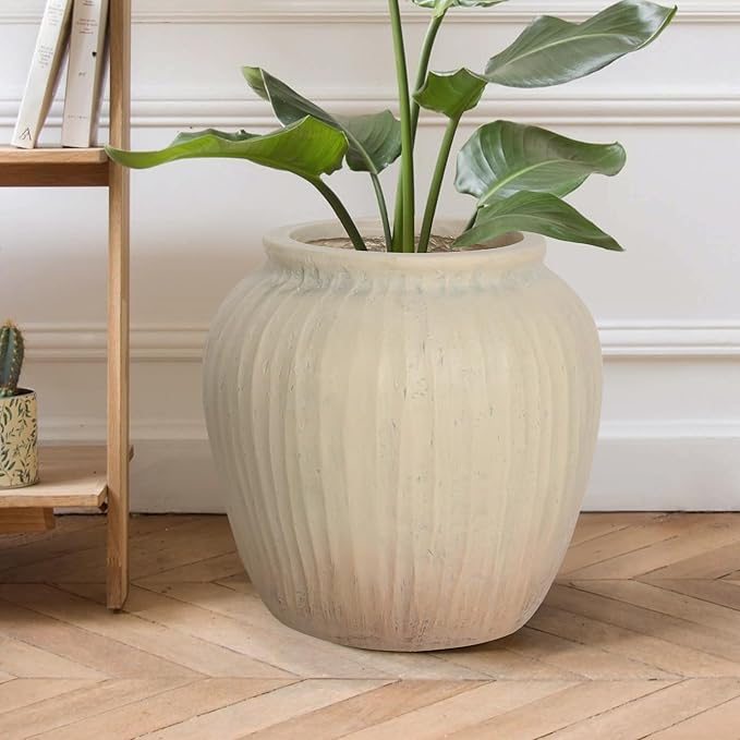 Oakrain Large Rustic Minimalist Vase, 11" Distressed Round Floor Vase for Home Decor, Farmhouse Centerpieces Planters with Gradient Design for Living Room Indoor Outdoor Use, Beige