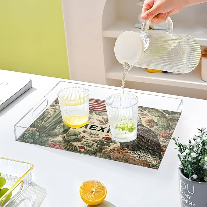 Serving Tray with Handles Clear Acrylic Tray 12x16 Inch Decorative Rectangular Tray Organizer for Ottoman Coffee Table Bathroom Retro Mexico American Eagle Cactus Beige