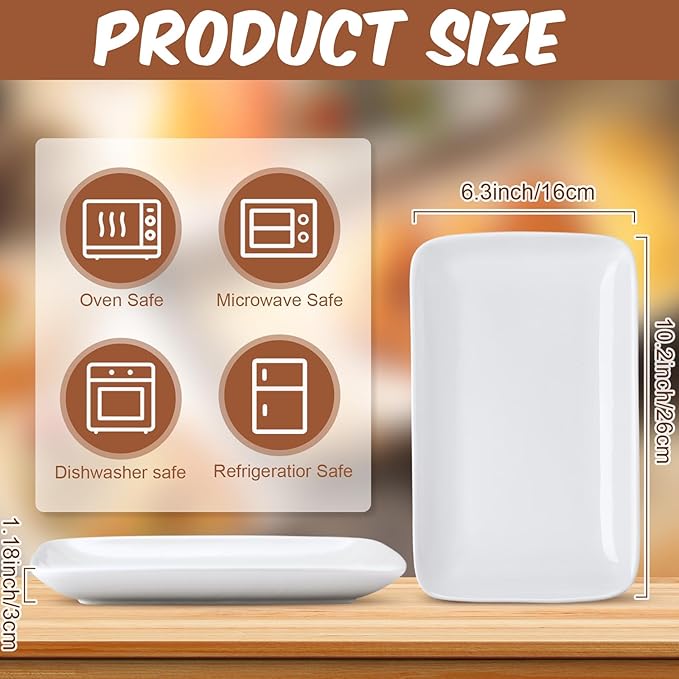 Irenare 12 Pcs 10 Inch Rectangular Salad Plates White Rectangular Porcelain Dessert Plates Appetizer Serving Tray Rectangular Porcelain Platters for Fruit Sushi Dinner Parties, Microwave, Oven Safe
