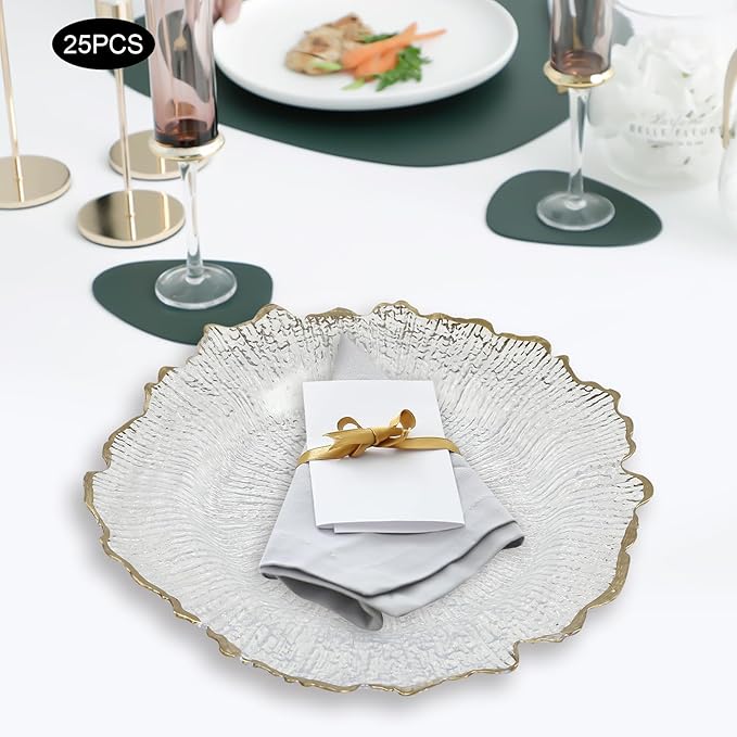 25Pcs Antique Clear Charger Plates, 13" Round Chargers for Dinner Plates, Reusable Plastic Charger Plates Bulk with Flower-Like Decorative Gold Rim for Wedding, Dinner, Party, Bridal Shower
