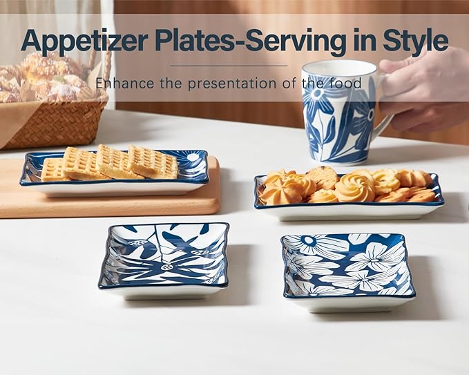 ONEMORE Appetizer Plates Set of 4, 7.5 in Small Serving Plates, Porcelain Rectangular Platters for Dessert Salad Sushi, Blue and White Dinner Plates Microwave Oven & Dishwasher Safe, Scratch Resistant