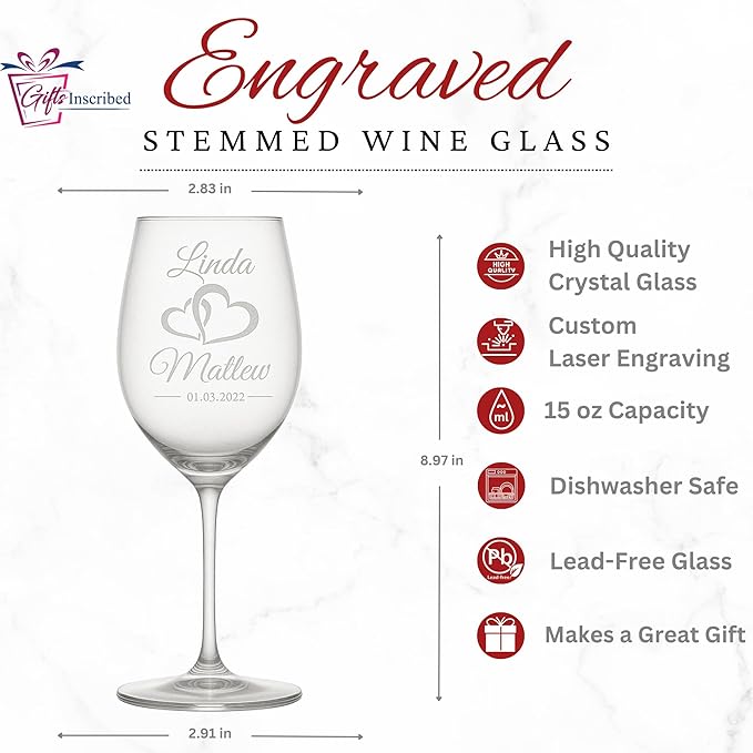 Gifts Inscribed Personalized Mr and Mrs Wine Glass Set of 2 – Custom Engraved Wedding Wine Glasses Gift for Couples, Engagement, Birthday, or Anniversary