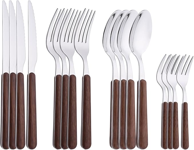 Brown Silver Silverware Set, 16 Pieces Stainless Steel Flatware Cutlery Set with Faux Wooden Handle, 4 x Dinner Knife, 4 x Dinner Fork, 4 x Tablespoon, 4 x Fruit Fork, Mirror Polished
