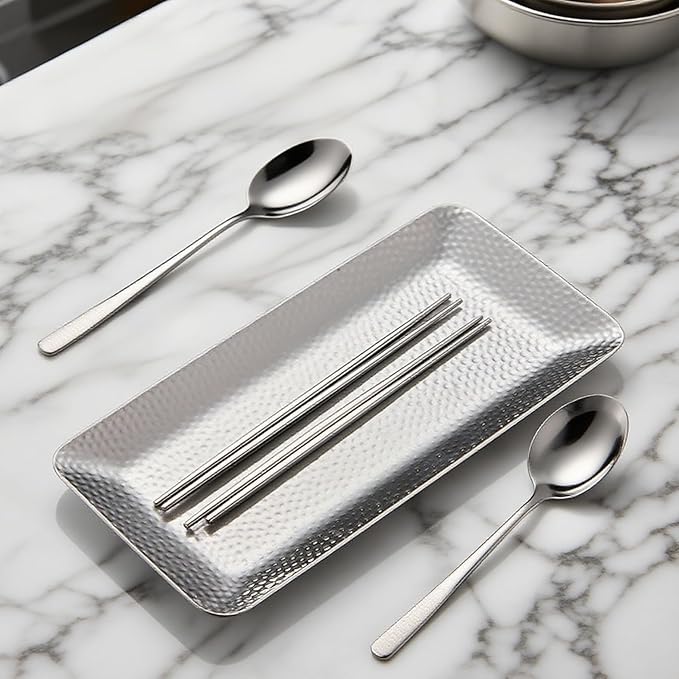 9.8×4.3Inch Silver Metal Decorative Tray, Reusable Stainless Steel Serving Trays, Rectangle Bar Trays for Liquor Display, Decorative Bar, Vanity, Coffee Serving Tray