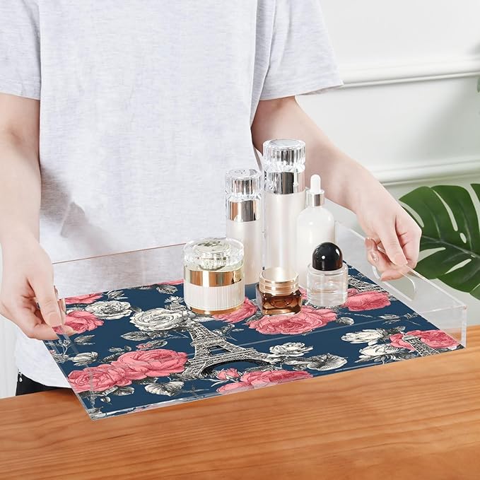 Serving Tray with Handles Clear Acrylic Tray 12x16 Inch Decorative Rectangular Tray Organizer for Ottoman Coffee Table Bathroom Blue French Eiffel Tower and Roses