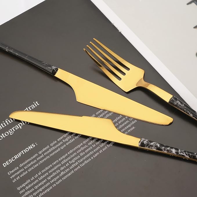 Stainless Steel Silverware Set with Holder - 25 PCS Gold Flatware Cutlery Set - Black Marble Texture Handle Design - Hanging Metal Eating Utensils Set Service for 6 - Party Tableware Set