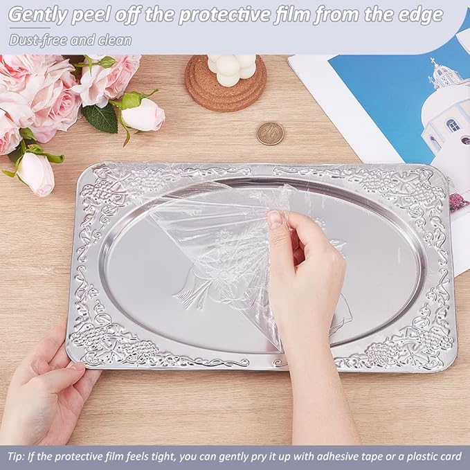 ORIGACH 6 Pack 13.78x8.46 Inch Large Sliver Serving Trays Set, Engraved Floral Mirror Tray, Stainless Steel Tableware Platters for Cookies, Fruit, Desserts, Wedding & Birthday Display